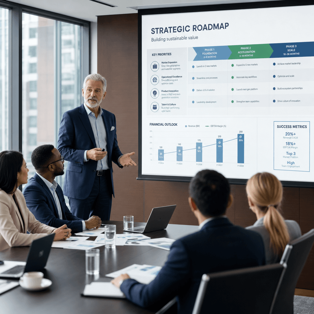 Business leader making a strong point with a confident hand gesture during a strategy meeting