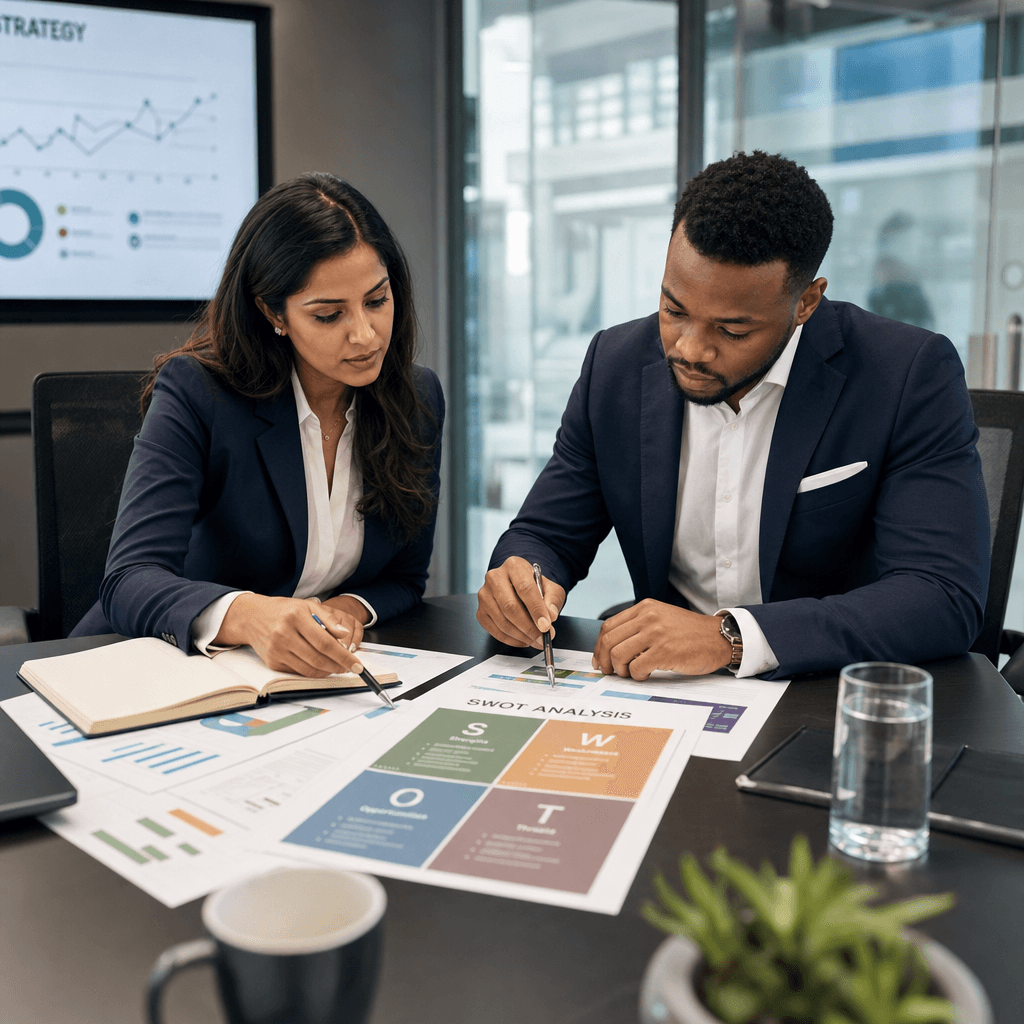 Business strategist analyzing data with a focused skeptical expression at a modern conference table