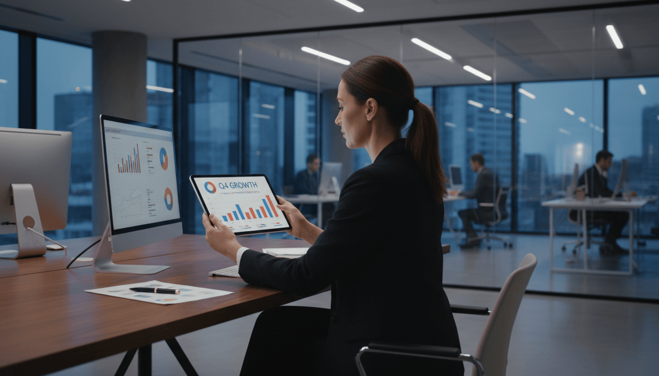 Professional woman analyzing data on a tablet in a bright office