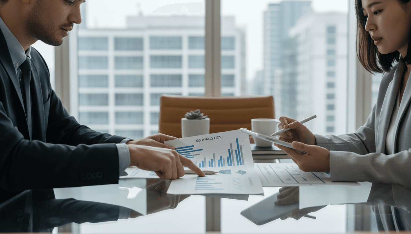 Two professionals in a bright modern office conference room having a strategic meeting