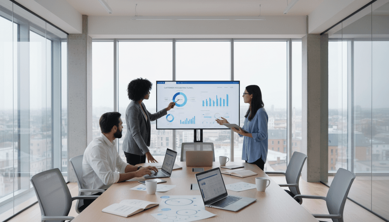 Team of professionals reviewing market data on a large display screen