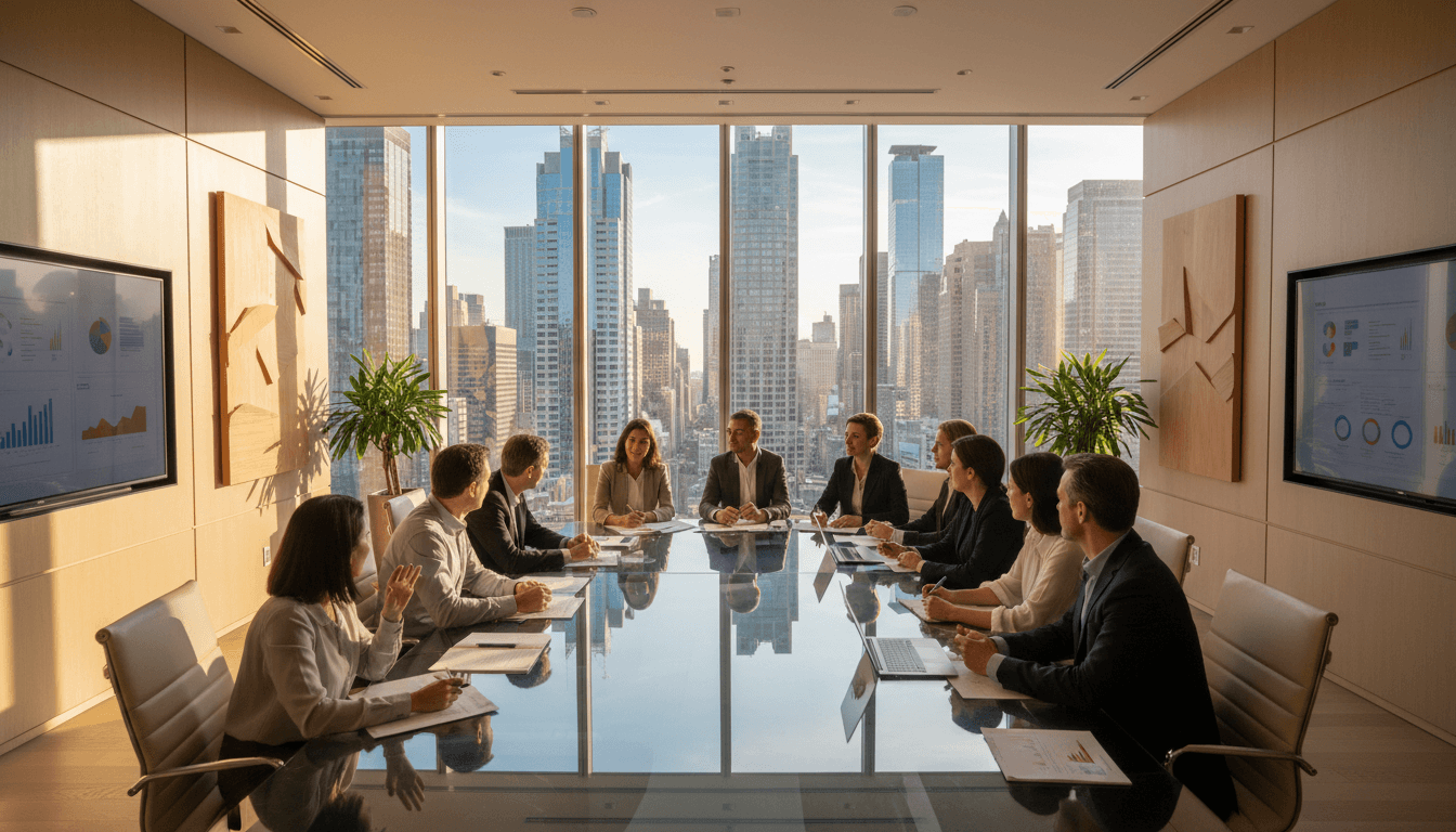 Two business professionals in a serious discussion in a glass conference room