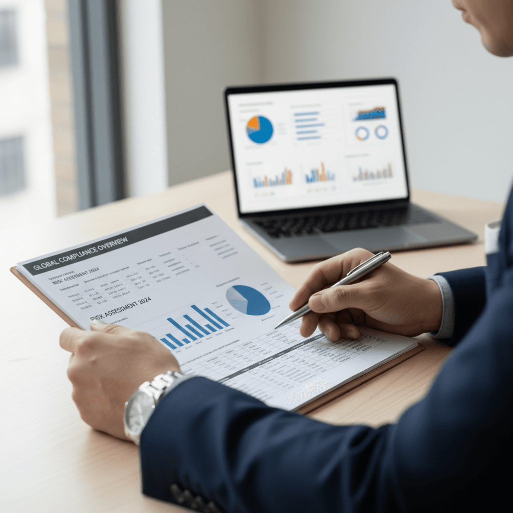Confident business executive reviewing analytical reports in a modern office
